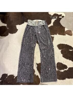 Cult Form Silver Sequin Trousers with Rhinestone Belt